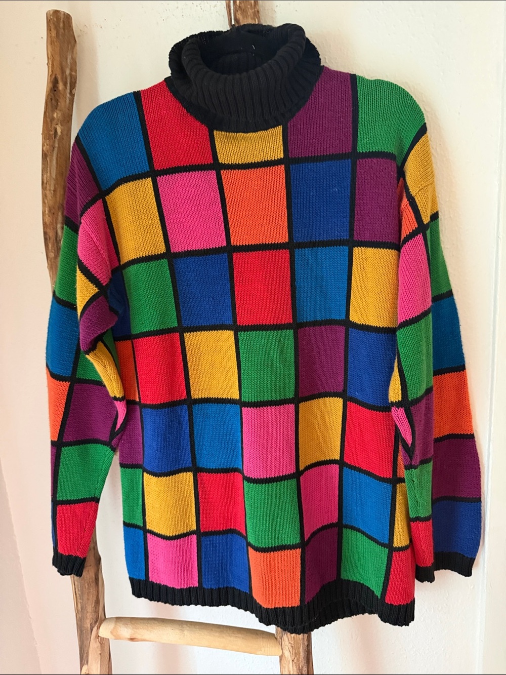 Rafaella Vintage Colorful Rainbow Check Turtleneck Cotton Sweater Black Trim M